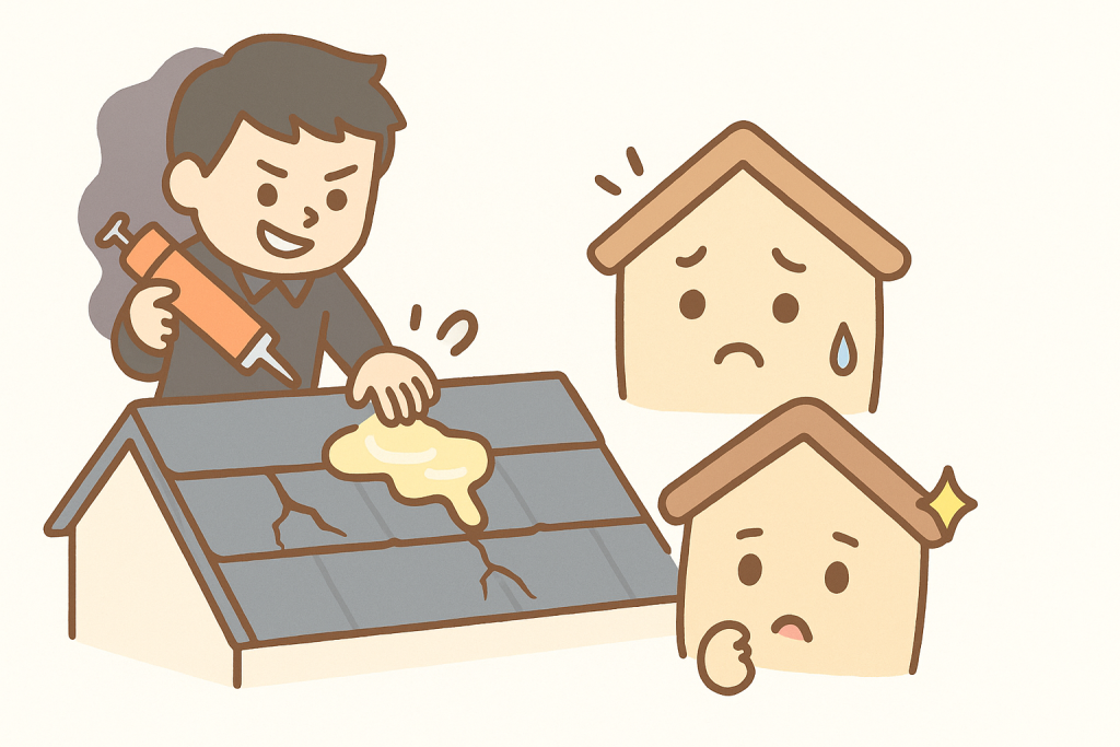 悪徳業者がスレート屋根の割れにコーキングを雑に塗っているNG例のイラスト