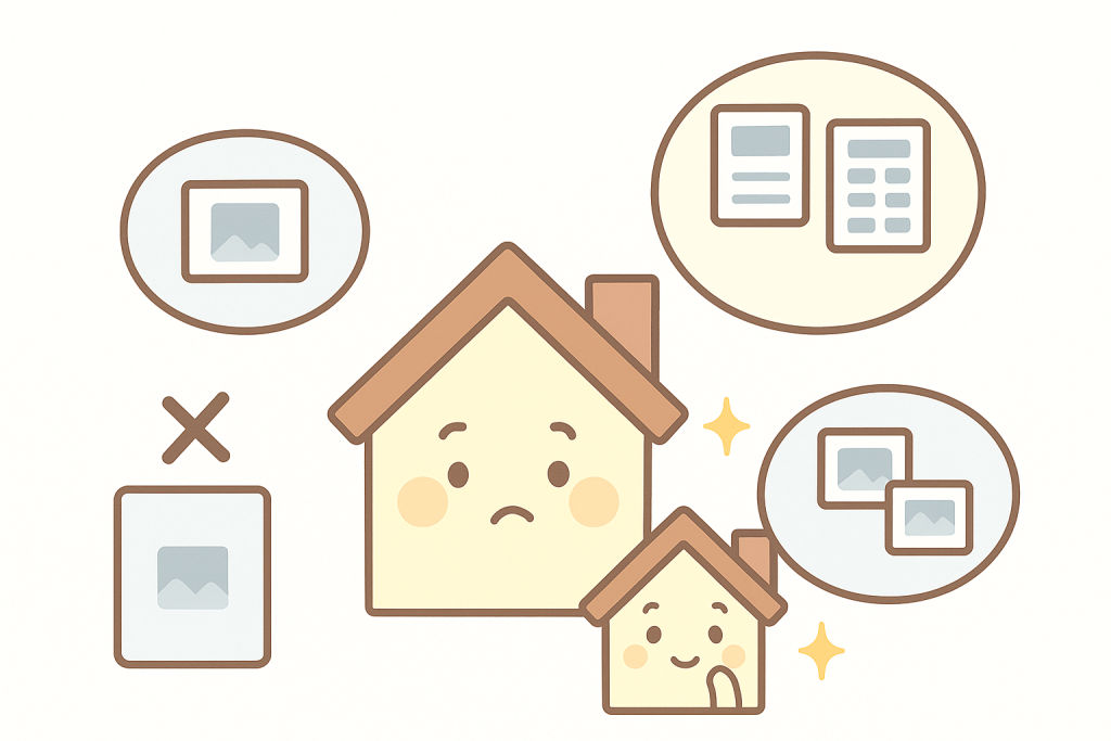 点検写真の少ない例と多く整理された例を比較するイラスト