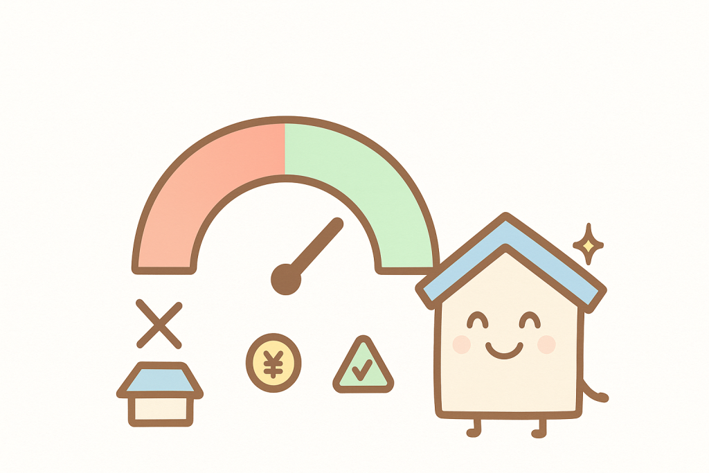 価格メーターで適正価格を示し安心する家キャラクターのイラスト