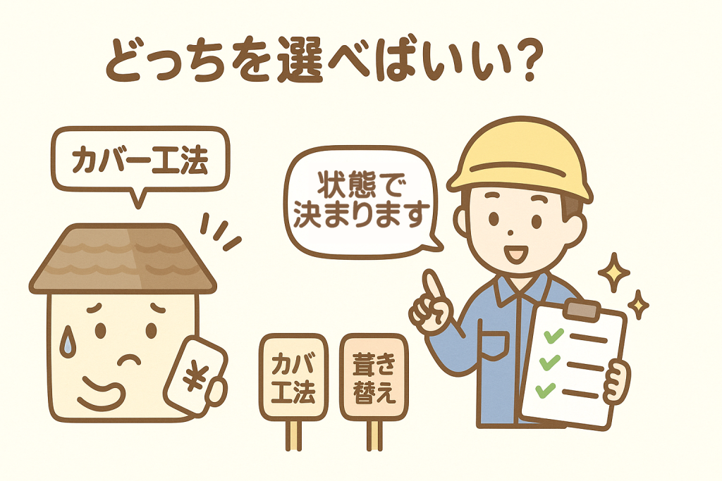 カバー工法と葺き替えどちらを選ぶべきか迷う家とアドバイスする業者のイラスト