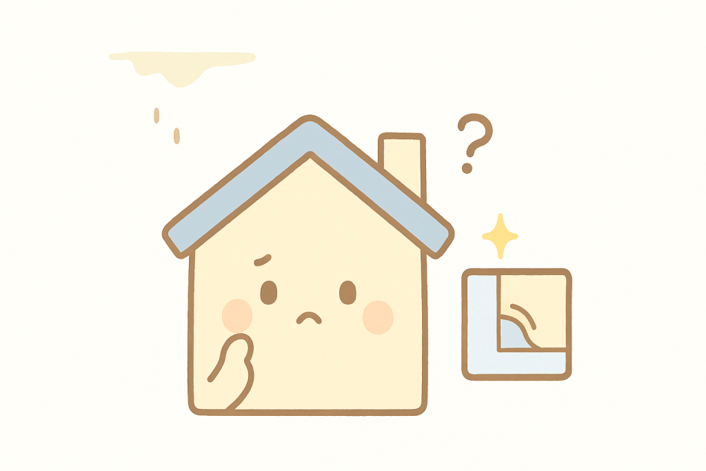 壁紙の浮きを見つけて不安そうにしている家キャラクターのイラスト