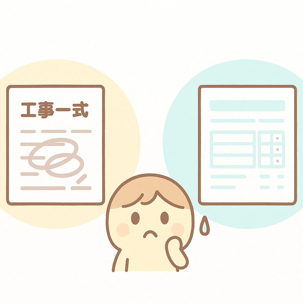 悪徳業者の曖昧な見積書と優良業者の明確な見積書を並べて比較したイメージ