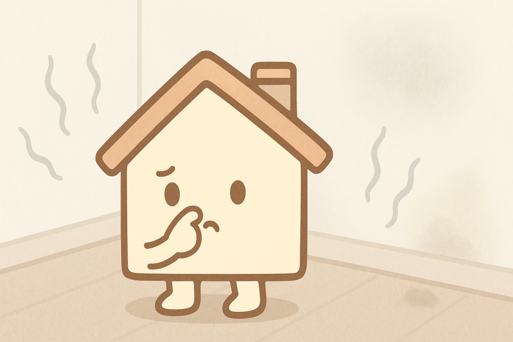 カビ臭や湿気のニオイに気づく家キャラのやや詳細な雨漏り前兆イラスト