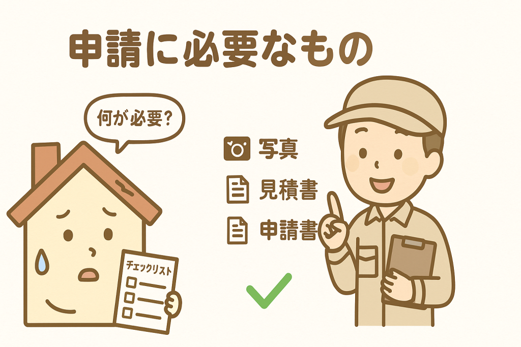 火災保険の申請に必要な書類を説明する業者と疑問を持つ家キャラクターのイラスト