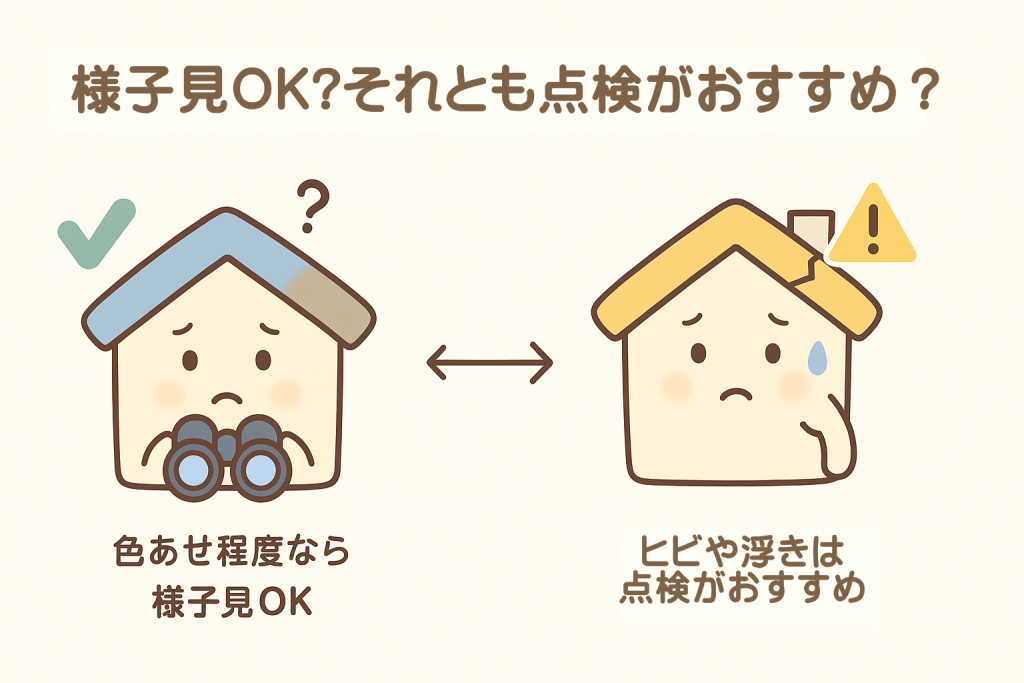 屋根の状態別に「様子見OK」と「点検推奨」を比較したイラスト