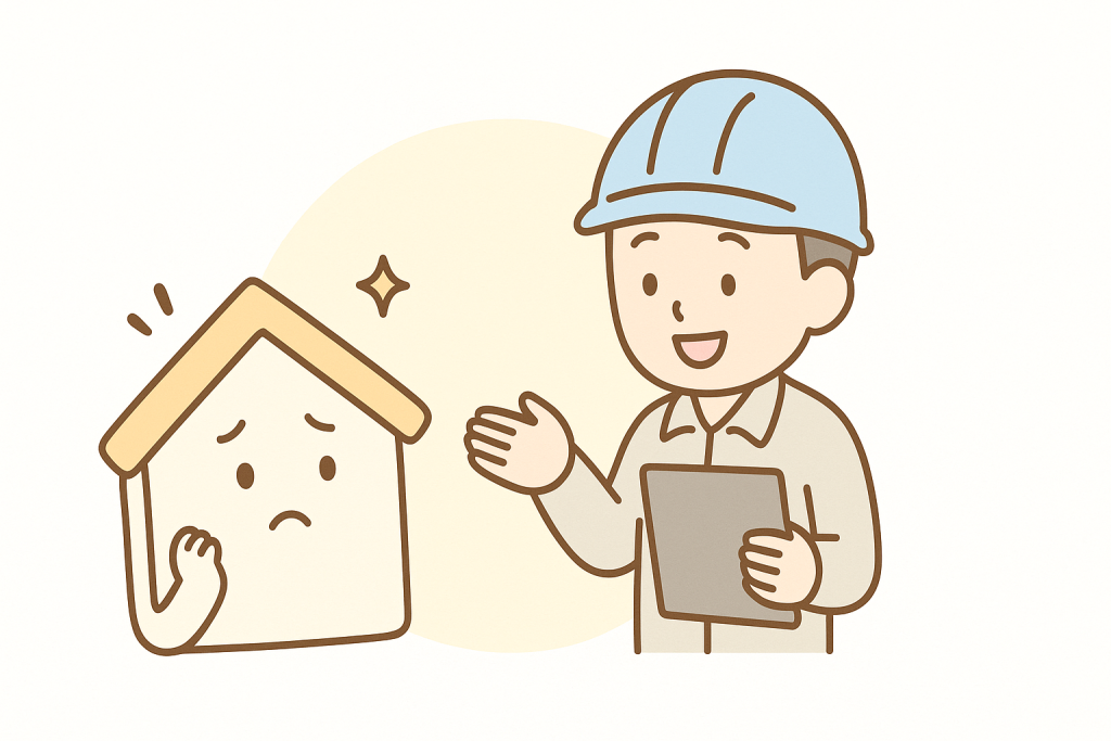 屋根作業員が家キャラクターに優しく説明し相談しやすい雰囲気を伝えるイラスト