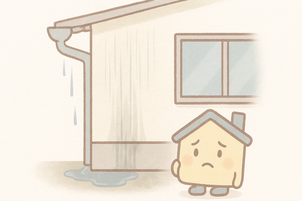 雨樋からあふれた水が外壁を伝って室内に入りそうな状態のイラスト
