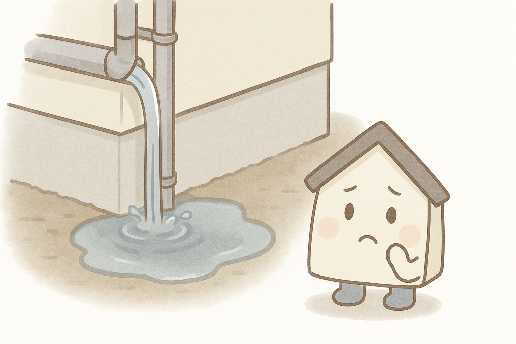 雨樋のあふれ水が基礎周りに溜まっている様子のイラスト