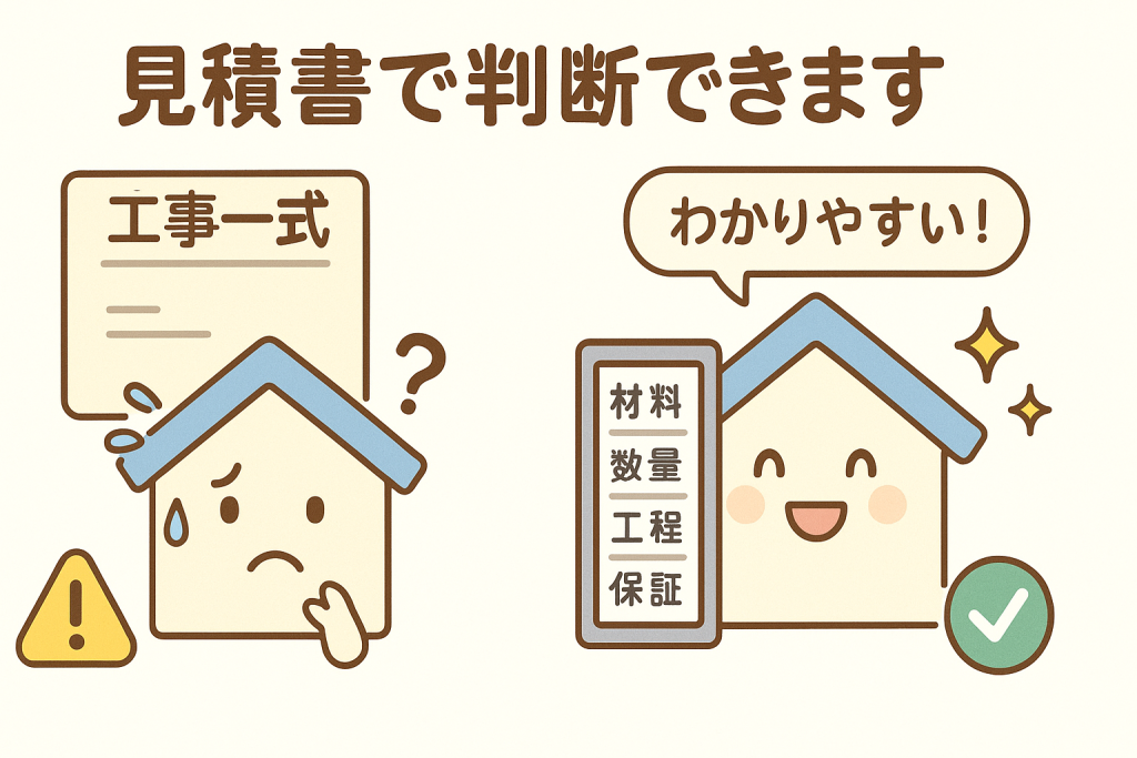 曖昧な見積書と詳細な見積書を比較した家キャラクターのイラスト