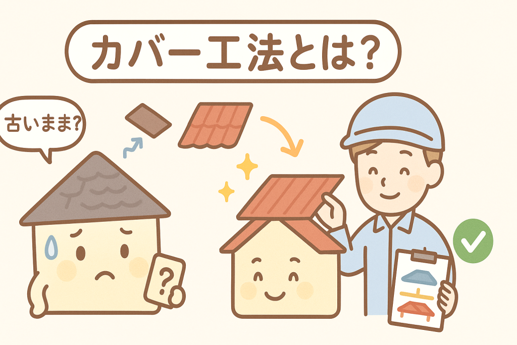 カバー工法を説明する屋根業者と不安そうな家キャラクターのイラスト