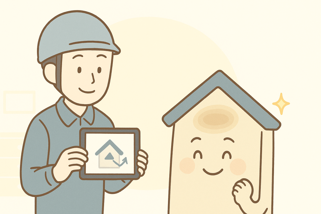 屋根専門の作業員がタブレットで状況を丁寧に説明し、家キャラクターが安心してうなずいている様子を描いたイラスト。相談しやすい誠実な対応を表現している。
