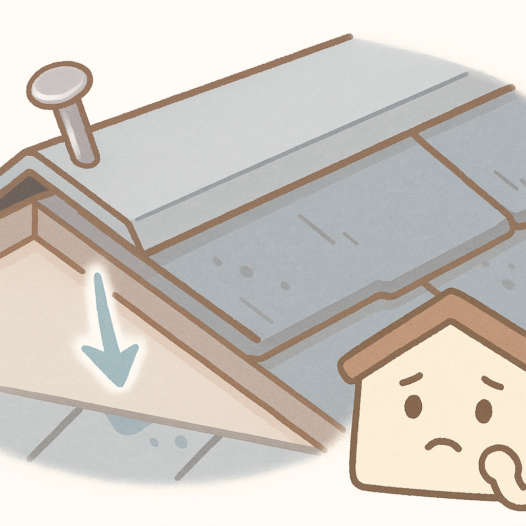棟板金の釘がリアルに浮き上がり、隙間から雨水が侵入しそうな状態を示したイラスト。釘の抜けかけがわかりやすく描かれている。
