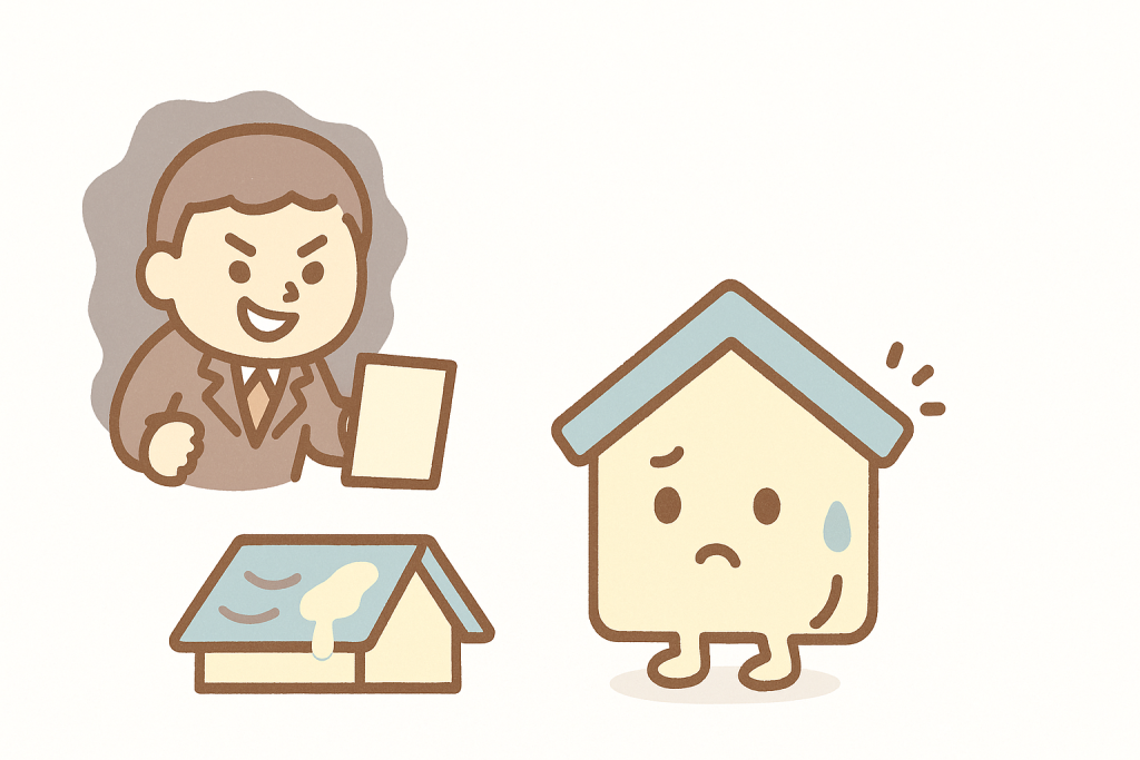 不安をあおる悪徳業者と距離をとる家キャラクターのイラスト