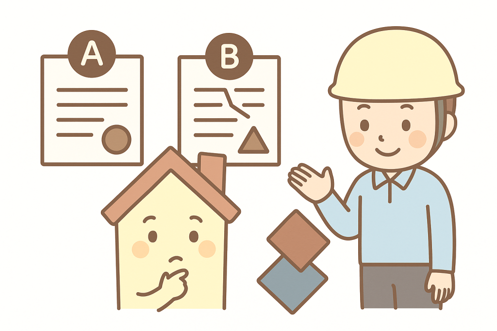 見積もりを比較して相見積もりの大切さを説明するイラスト