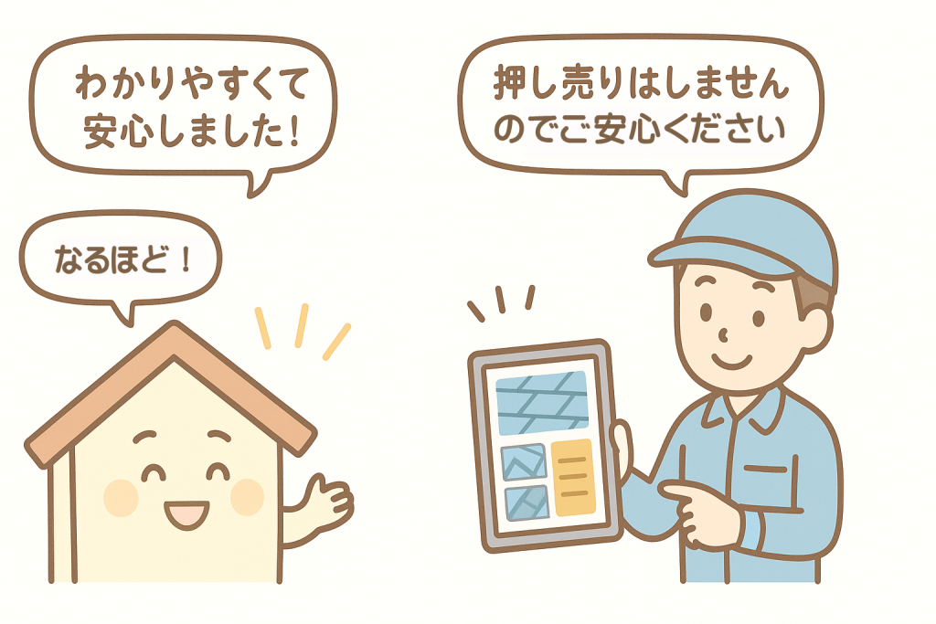 屋根点検の説明を受け安心している家キャラクターと丁寧に応じる業者のイラスト
