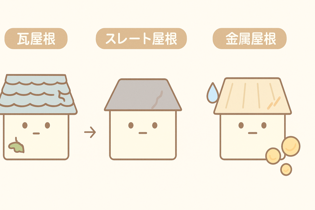 瓦屋根・スレート屋根・金属屋根の特徴を比較したイラスト