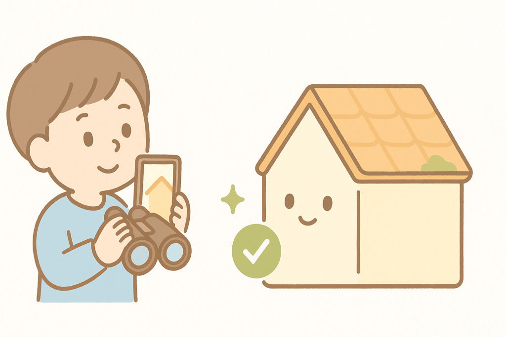 屋根をスマートフォンで撮影して状態を記録するイラスト