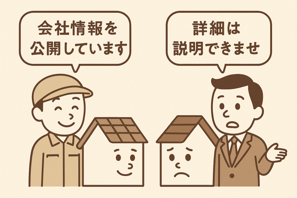 会社情報を公開している業者と、詳細を説明しない業者を比較したイラスト。信頼できる屋根修理業者の選び方を示している。
