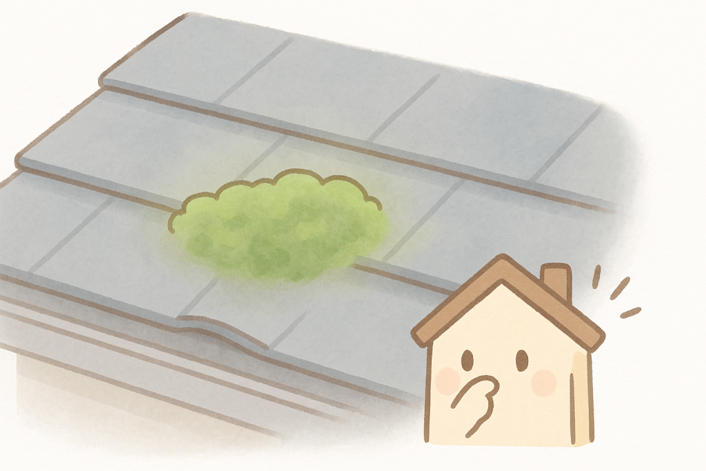 スレート屋根の一部にコケや藻が集中して生えている様子の前兆イラスト