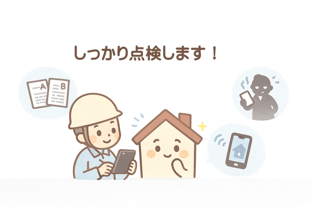 優良業者が丁寧に屋根点検を行い家キャラが安心しているイラスト
