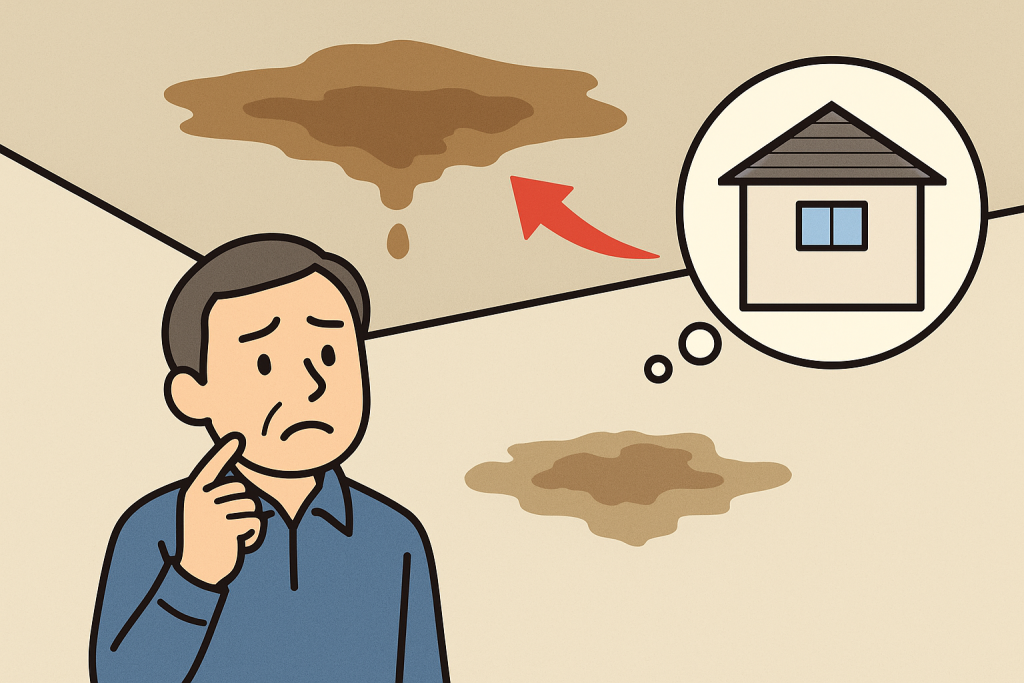 天井に薄い茶色いシミが現れた雨漏り前兆のイラスト