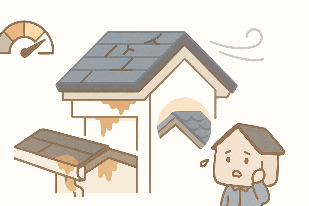 軒天や室内天井のシミと築年数メーター、台風後の屋根の歪みを描いたイラスト