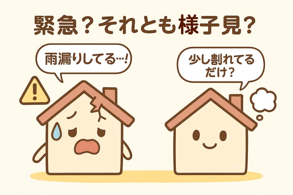 緊急対応が必要な屋根と様子見できる屋根を比較したイラスト