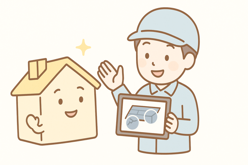 作業員がタブレットを見せながら家キャラクターに屋根の状態を説明しているイラスト