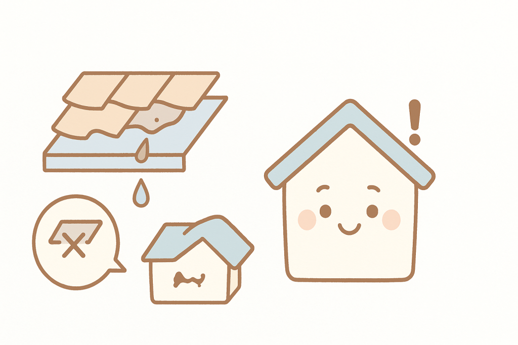 屋根材の下の防水シートが破れている様子と驚く家キャラクターのイラスト
