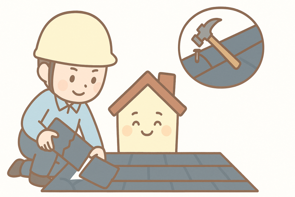 スレート屋根の部分補修（差し替え・板金補修）を説明するイラスト