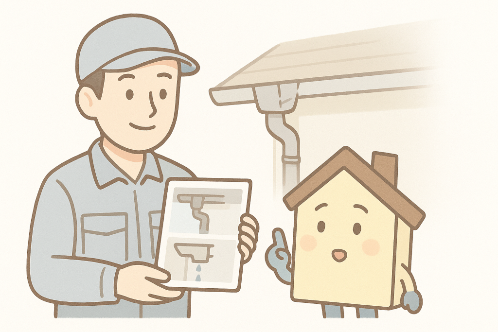 雨樋の予防策を優良業者が京キャラに丁寧に説明している安心シーン