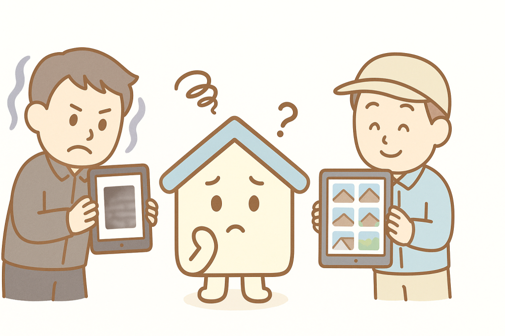 点検写真の量と質を比較したイメージイラスト（悪徳と優良）