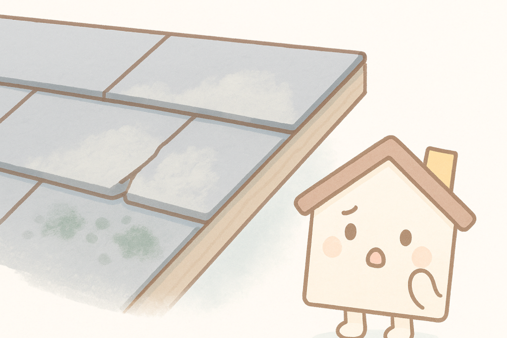 スレート屋根の色あせと塗膜剥がれを示すイラスト