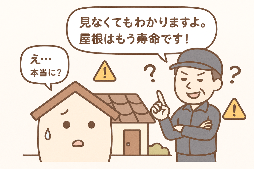 屋根を確認せず口頭だけで「寿命」と診断する悪徳業者と不安そうな家キャラクターのイラスト。

