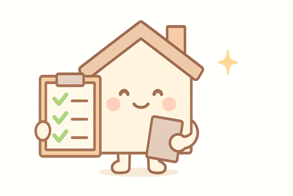チェックリストを持って「焦らず比較が大事」と伝える家キャラ