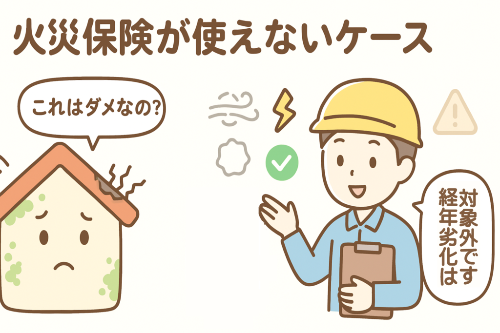 火災保険が使えない経年劣化例を説明する業者と落ち込む家キャラのイラスト