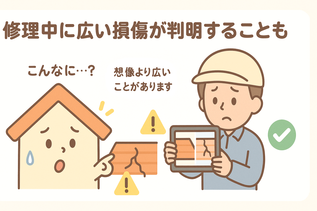 修理途中で広い屋根損傷が判明し説明を受ける家と業者のイラスト