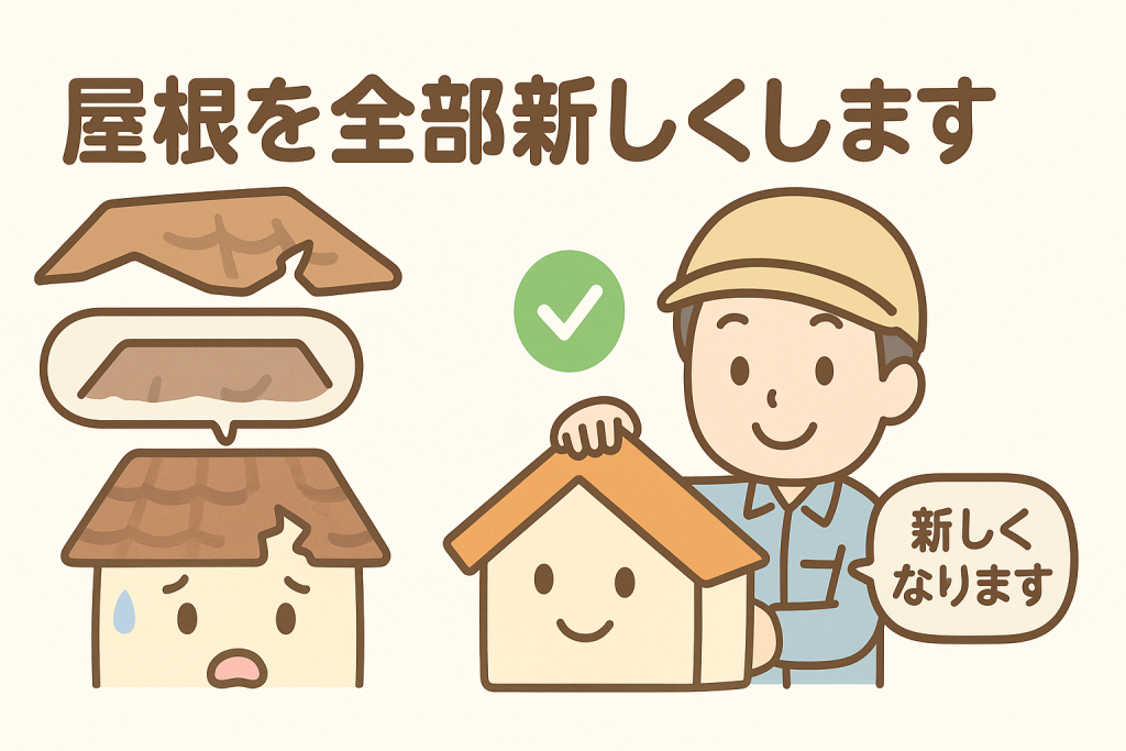 古い屋根を撤去し新しい屋根に葺き替える様子のイラスト
