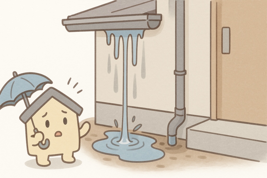 雨樋からあふれた水が玄関前に落ちてくる様子のイラスト