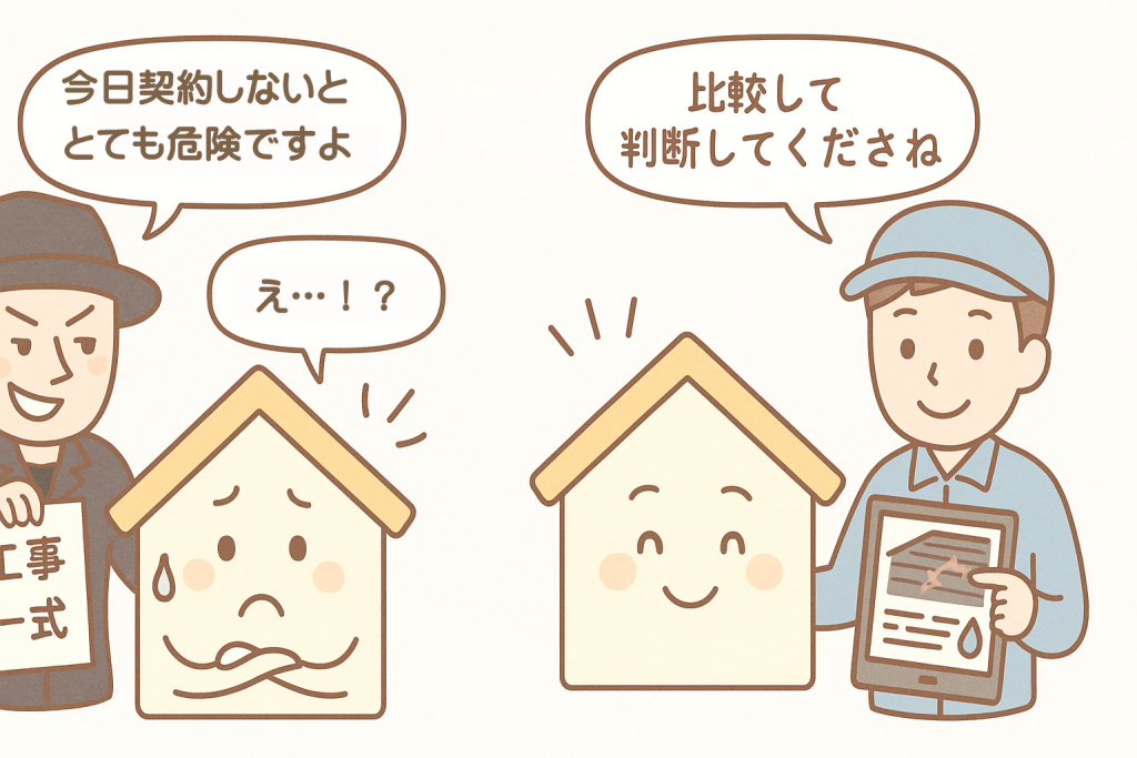 悪徳業者と優良業者の対応の違いに戸惑う家と安心する家の比較イラスト