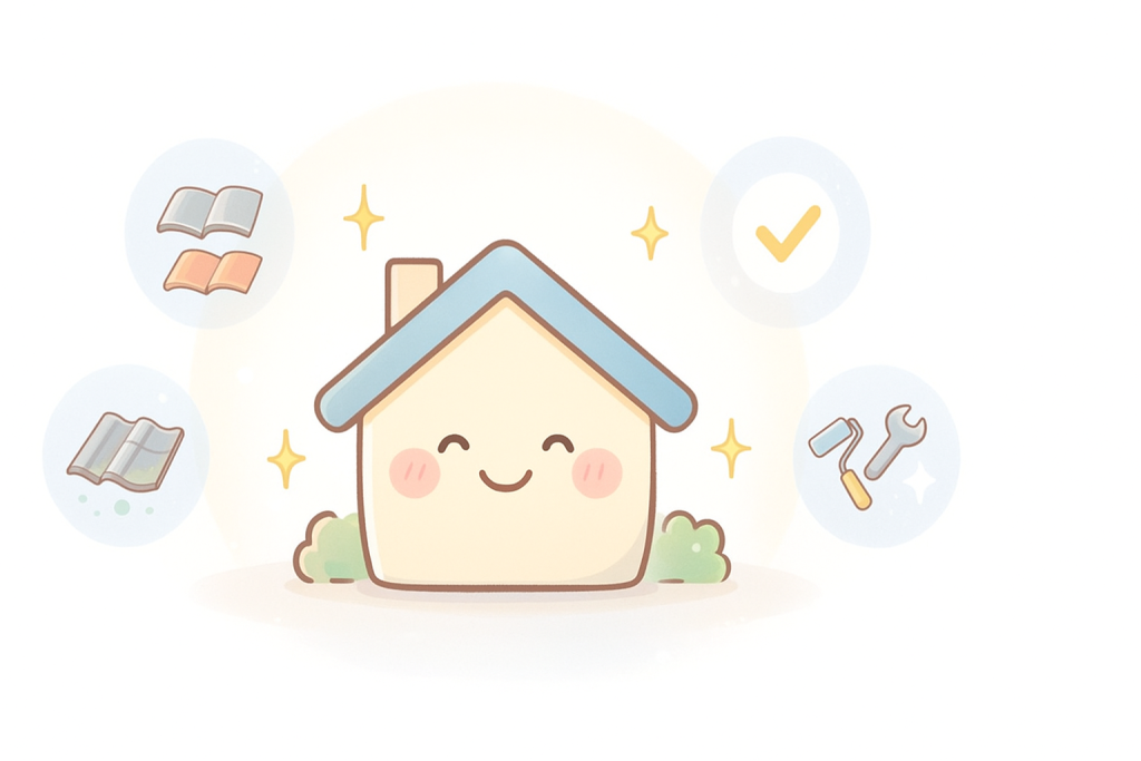 屋根の基礎知識を理解して安心した家キャラクターと、背景に屋根アイコンが並ぶイラスト