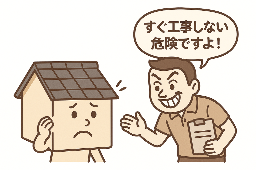 突然訪問して工事契約を急かす怪しい屋根修理業者と、不安そうな家のキャラクターのイラスト