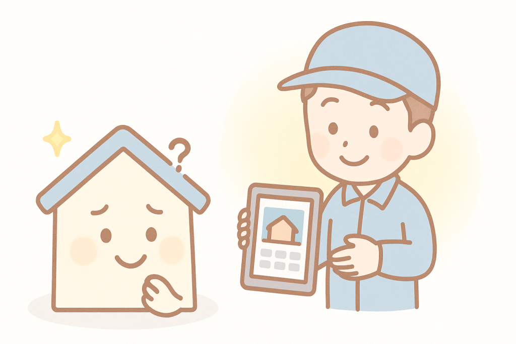 優良業者が家キャラクターに丁寧に写真を見せながら説明しているイメージ