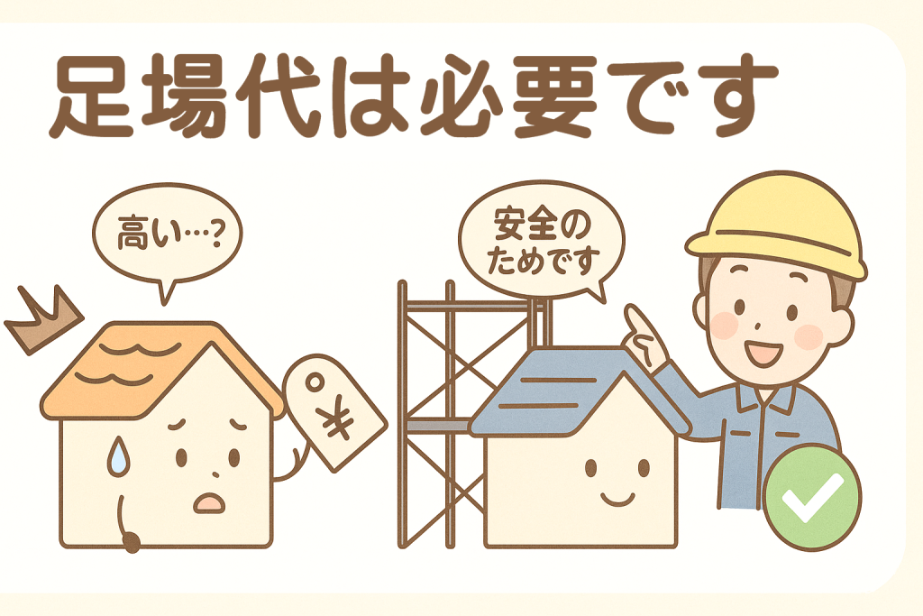 足場費用を説明する業者と悩む家キャラの比較イラスト