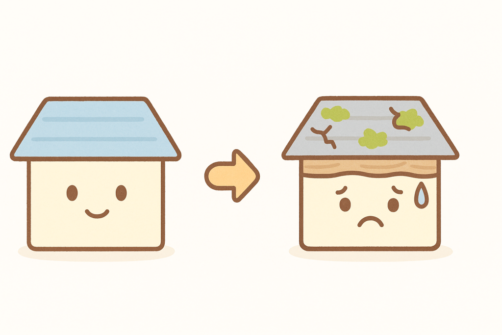 屋根のビフォーアフターを表したイラスト。左は正常な屋根、右は劣化が進んだ屋根を見やすく比較している