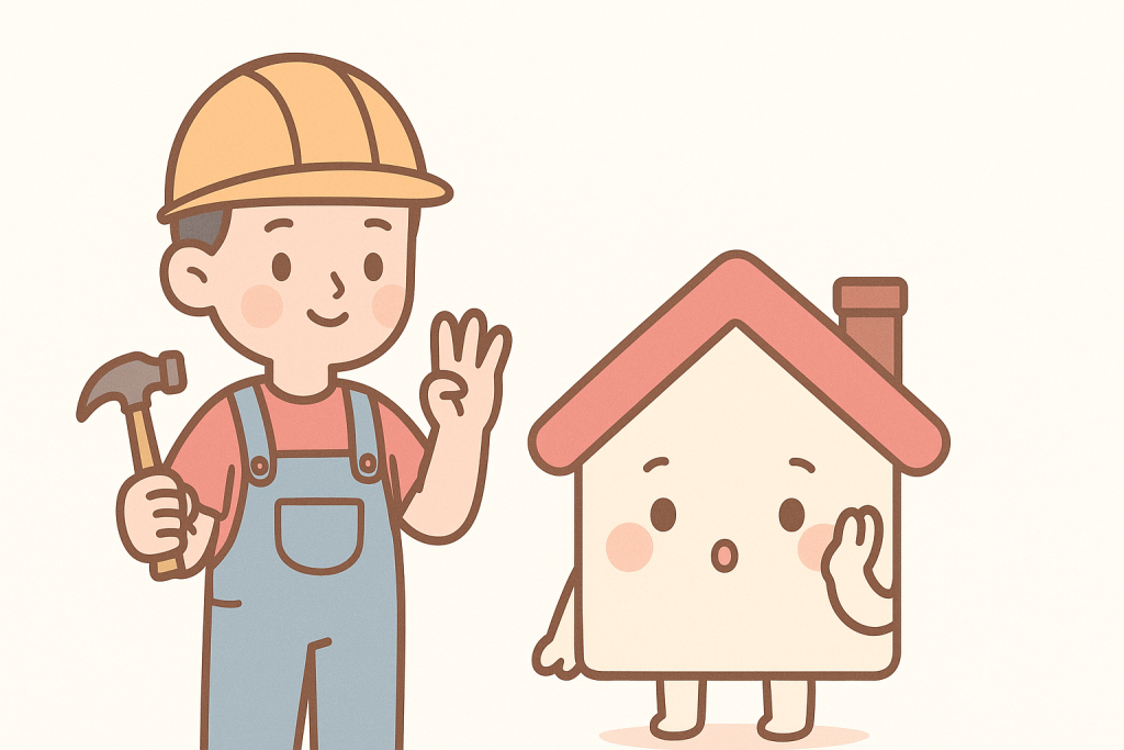 屋根修理の判断基準を説明する作業員キャラ