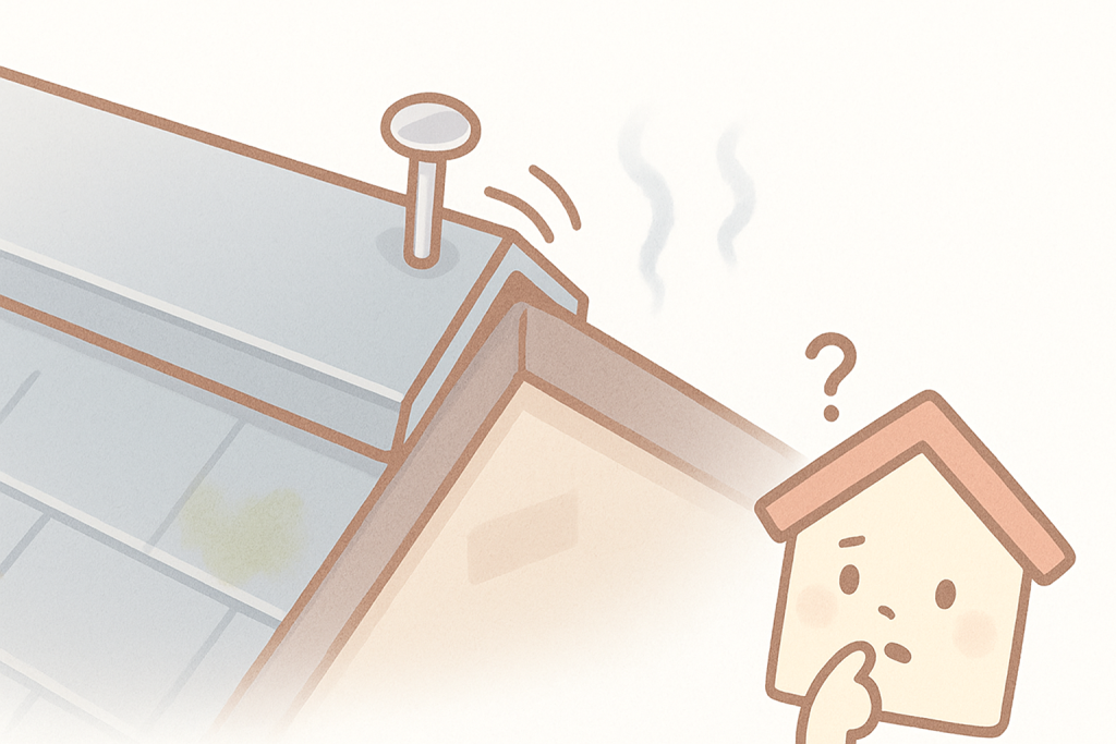 棟板金の釘が2〜3mm浮いて隙間ができている状態を描いた雨漏り前兆イラスト