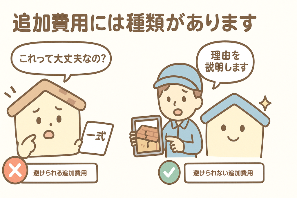 避けられる追加費用と避けられない追加費用の違いを説明する比較イラスト