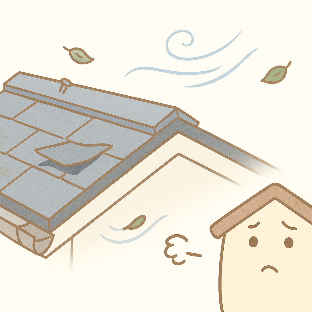 台風や強風後の屋根の異常を示すイラスト。棟のズレや屋根材の浮き、歪みなどのトラブルを家キャラクターが心配そうに見上げている。
