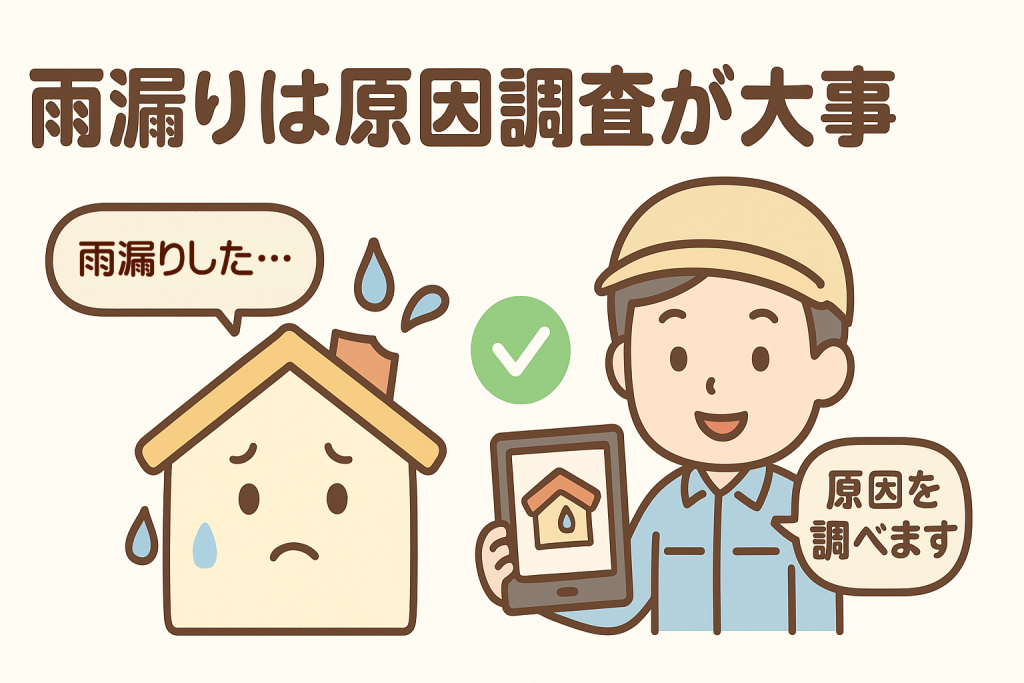 雨漏りに困る家と調査を説明する屋根業者のイラスト